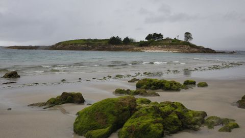 Playa e isla de O Santo, en Marín.