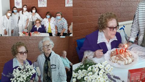 Carmen Paz soplando las velas de su 101 cumpleaños. 