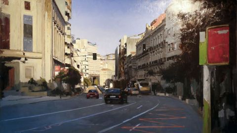 Visin realista de una calle de Vigo del artista gaditano Cecilio Chaves