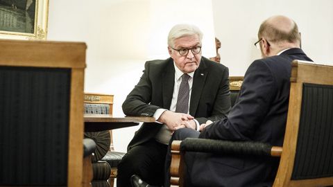 El presidente alemn, Frank-Walter Steinmeier, habla con el lder del Partido Socialdemcrata de Alemania, Martin Schulz