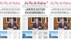 Portada de La Voz de Galicia del 4 de octubre del 2017. Imagen con gesto grave de Felipe VI, que acusó de «deslealtad inadmisible» a las autoridades catalanas tras el 1-O