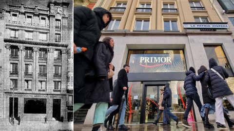 A la izquierda, imagen de 1927 de la fachada del edificio contruido por The Anglo-South American Bank. A la derecha, fotografa actual del bajo, ocupado por Primor