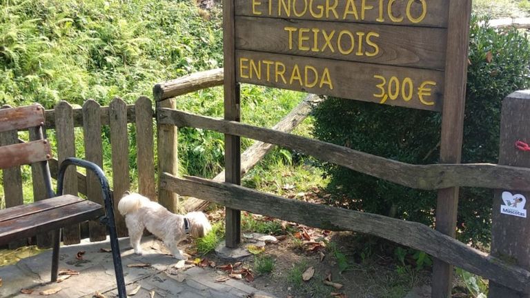 «Pipo», a punto de entrar a visitar el conjunto etnográfico de Os Teixóis, en Taramundi
