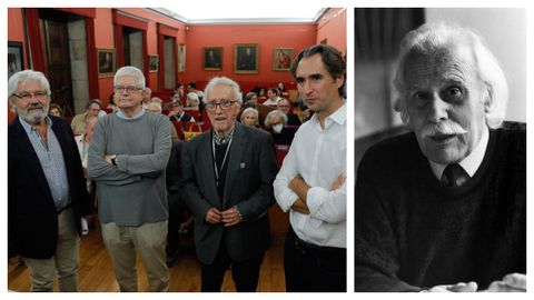 El acto de homenaje a Xosé Bar Boo por su centenario se celebró este martes en A Coruña. A la derecha, retrato de Bar Boo (1922-1994). 