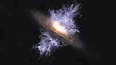 Impresin artstica de un viento galctico impulsado por un agujero negro supermasivo ubicado en el centro de una galaxia.