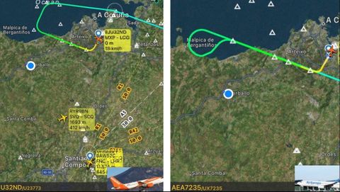 Gráfica de dos aproximaciones a Alvedro, este sábado: una, en un avión de Air Europa desde Madrid, y otro de Easyjet, desde Milán.