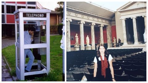 A la izquierda, Xos Allegue, atendiendo una llamada en una cabina telefnica, en Lille (Francia), 1991; a la derecha, Eva Garea, fotografiada en un museo de Copenhague, la Gliptoteca Ny Carlsberg, en una imagen del ao 1996.