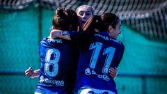 Emma Queralt, Tatiana Flores y Yarima Font celebran el 2-1 del Oviedo al Juan Grande