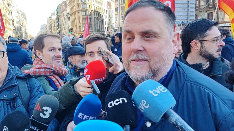 El presidente de ERC,  Oriol Junqueras, el pasado día 2 en Barcelona en una concentración sindical por los derechos de la gente