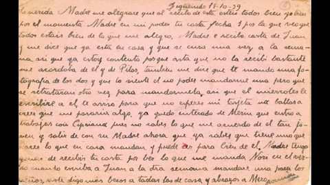 Texto manuscrito de la carta que Ramn Ura Villar le enviaba a su madre el 20 de abril de 1939