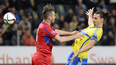 Ibrahimovic y Golovatenco, durante el Suecia-Moldavia de clasificacin para la Eurocopa.