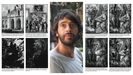 El dibujante boirense Brais Rodríguez -que viajará becado a Roma el año próximo para desarrollar su proyecto creativo «StillLife»-, flanqueado por dos láminas del fanzine que realizó por encargo para el museo del Prado.