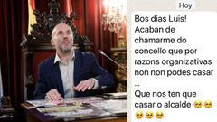 El alcalde de Ourense, Gonzalo Pérez Jácome, y el mensaje de wasapsobre la decisión de que sea solo él quien pueda oficiar bodas