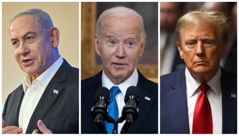 De izquiera a derecha:Benjamin Netanyahum,Joe Biden y Donald Trump.