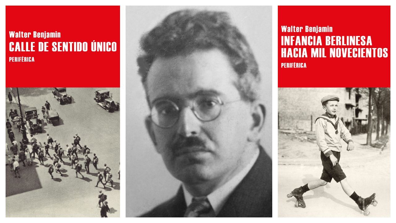 El escritor y pensador alemán Walter Benjamin, retratado en 1928 y flanqueado por las portadas de los dos libros que publica el sello cacereño
