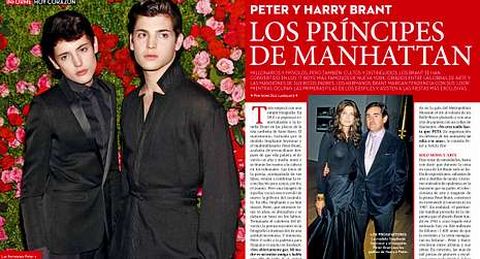 <span lang= es-es >Los Brant</span>. Arriba, Harry (a la izquierda) y Peter Brant, así como sus padres, el magnate Harry Brant y su mujer, la ex top model Stephanie Seymour. A la izquierda, portada de «Hoy Corazón», en la que destaca la entrevista con Irene Meritxell, novia de Imanol Arias.