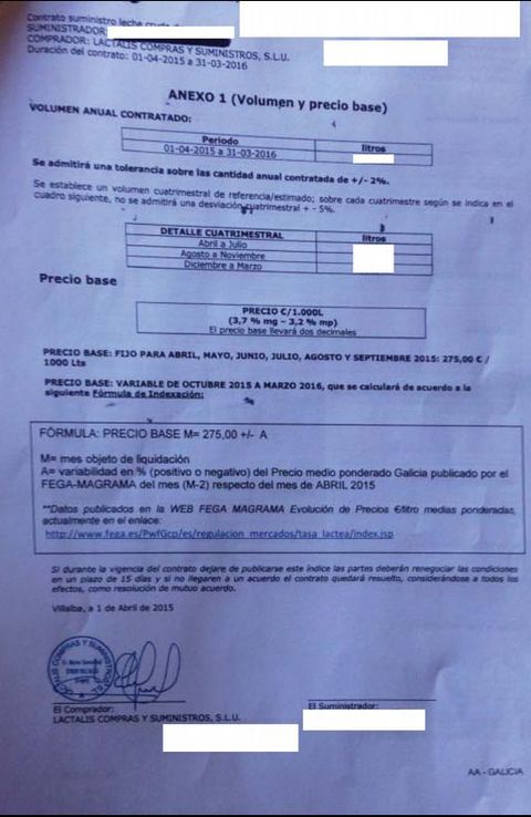 Una diferencia sin explicación. En este documento se aprecia cómo Lactalis, una firma francesa, oferta a un ganadero gallego la leche para abril a 275 euros la tonelada.