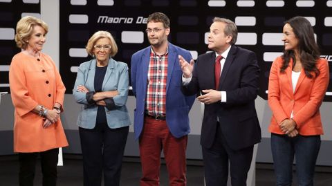 La candidata al Ayuntamiento de Madrid del PP, Esperanza Aguirre, la candidata de Ahora Madrid, Manuela Carmena, el candidato de IU, Daniel Morcillo, el candidato del PSOE, Antonio Miguel Carmona, la candidata de Ciudadanos, Begoña Villacís y el candidato de Vox, Javier Ortega-Smith.