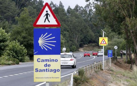 Señales avisando del cruce de peregrinos en Santa Irene, punto negro en el tramo de O Pino.