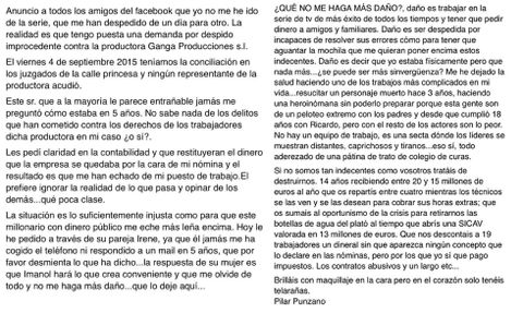 Captura de pantalla del texto colgado en Facebook por Pilar Punzano y retirado horas después por la actriz.