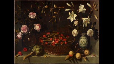 Juan Van Der Hamen y León. «Bodegón con frutas, alcachofa y flores o Cesta de guistantes y cerezas con floreros» (hacia 1621)