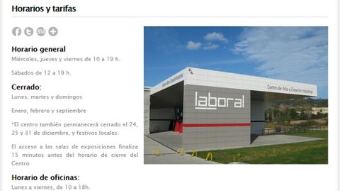 Web de LABoral, con el anuncio de los nuevos horarios del centro