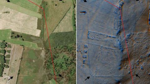 A la izquierda, la zona en el 2009; a la derecha, con datos LIDAR. La línea roja marca el límite entre A Fonsagrada (izquierda) y Oscos.