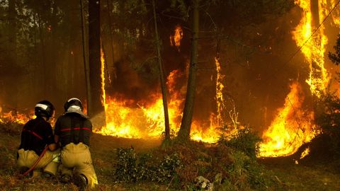 Operarios del sevicio de extinción de incendios trabajan en la zona de Zamanes, Vigo