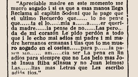 Carta manuscrita de un marino español lanzada al mar en una botella y que llegó, muy deteriorada, a las autoridades marítimas en Galicia.