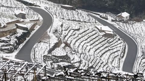 La nieve que deja el temporal cubre los bancales de las viñas de la Ribeira de San Fiz.