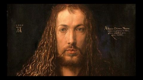 La leyenda que figura a la derecha dice en latín: «Yo, Alberto Durero de Núremberg, así me retraté a mí mismo con los colores permanentes a los 28 años de edad». «Autorretrato» (1500). Alberto Durero. Pinacoteca Antigua de Múnich