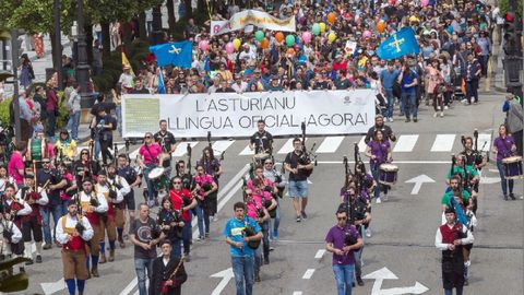 Vista de la manifestación convocada hoy en Oviedo por la Xunta pola Defensa de la Llingua Asturiana para reivindicar la oficialidad del asturiano en el Principado
