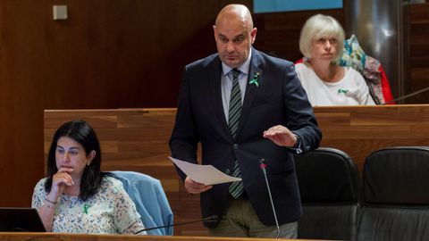 El diputado de Foro Asturias Pedro Leal (c) nuevo presidente de esta formación hasta el Congreso del 29 de septiembre y la nueva portavoz del grupo Carmen Fernández (i), durante el pleno de la Junta General.