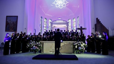 Miembros del Coro de la Fundación Princesa de Asturias ensayan hoy, miércoles 12 de septiembre de 2018, momentos previos a la inauguración del Séptimo Festival Internacional de Música Sacra que se realiza en Bogotá (Colombia)