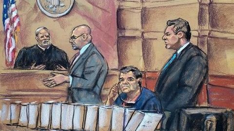 Dibujo de la primera sesión del juicio al Chapo Guzmán