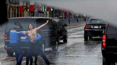 Dos activistas de Femen saltaron las barreras de seguridad y se acercaron al convoy de Trump