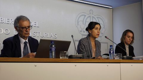 La consejera de Hacienda, Dolores Carcedo, rodeada de los directores generales de de Presupuestos, Francisco Sánchez, y Finanzas y Economía, Mar García Salgado