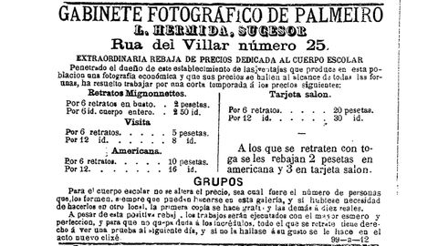 Inserción publicitaria do estudio de Luis Hermida atopada na «Gaceta de Galicia» do 2 de agosto de 1886