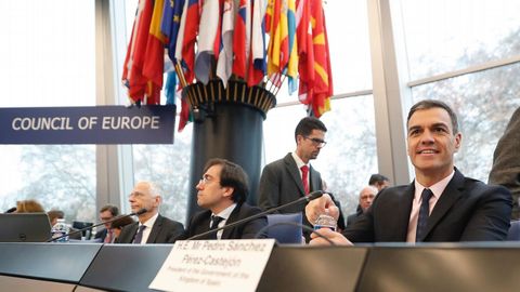 El presidente Pedro Snchez durante su intervencin hoy en el Comit de Ministros del Consejo de Europa en Estrasburgo
