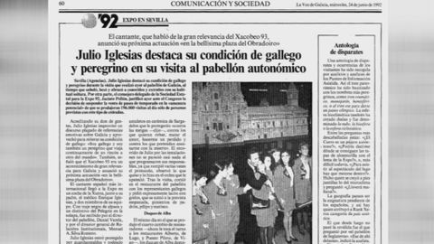 Página de la La Voz de Galicia del 24 de junio de 1992 que refleja la visita de Julio Iglesias al pabellón gallego de la Expo 92
