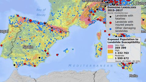 Mapa europeo realizado con el riesgo de deslizamientos