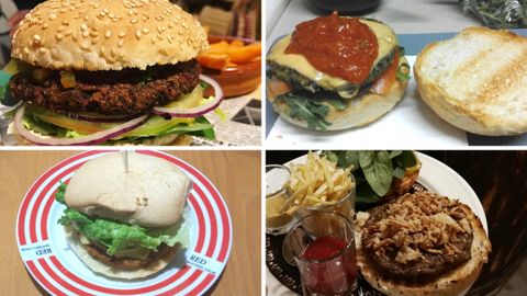 De arriba a abajo y de izquierda a derecha, hamburguesas veganas de Serendipia, La Teya, Puzzle y Green Zone Bio