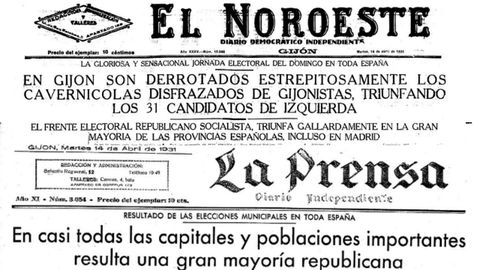 Portadas de los periódicos gijoneses 'El Noroeste' y 'La Prensa', tras el resultado de las elecciones municipales del 12 de abril de 1931