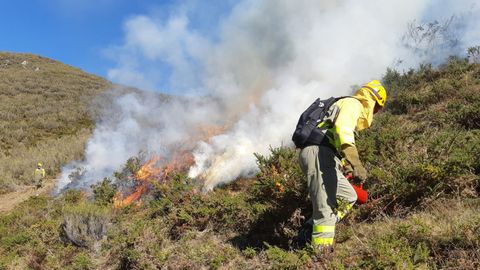 Tcnicos forestales apagando un incendio en Asturias. ARCHIVO