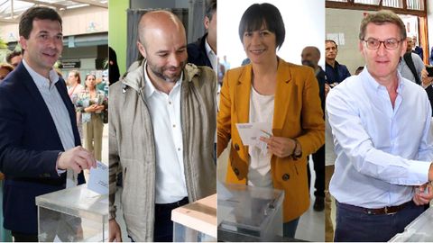Gonzalo Caballero, Luís Villares, Ana Pontón y Alberto Núñez Feijoo, en sus respectivos colegios electorales