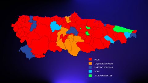 Mapa municipal de Asturias tras las investiduras de junio de 2019