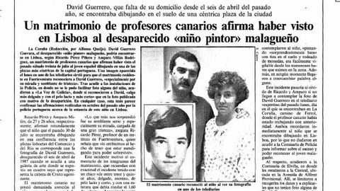 La Voz de Galicia inform el 10 de agosto de 1988 que una pareja aseguraba haber visto al nio pintor en Lisboa