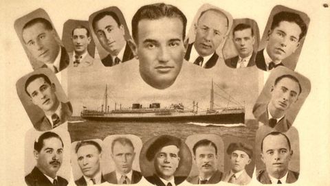 Tarjeta postal. El buque de fondo es el Cabo San Agustín, en el que viajaban buena parte de los gallegos republicanos apresados en Odesa, en el mar Negro, y enviados a los gulags. La tarjeta es de 1947. En ella, la Federación Española de Deportados e Internados Políticos insta a liberación de los marinos del mercante español