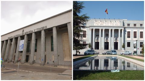A la izquierda, la Fabrica de Moneda y Timbre; a la derecha, los exteriores de la ficción que, en realidad se corresponden con el Consejo Superior de Investigaciones Científicas.