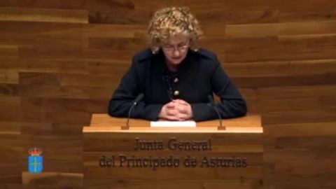 María Gloria García lee un poema en asturiano de Piñán en la Junta General